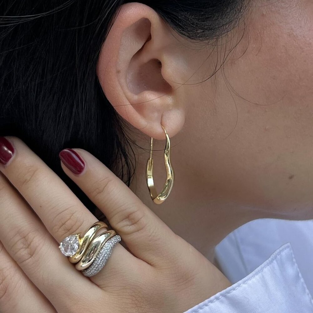 14K Gold Plated Sterling Silver Wavy Hoop Earrings Women Bridal Jewelry - Picture 5 of 6